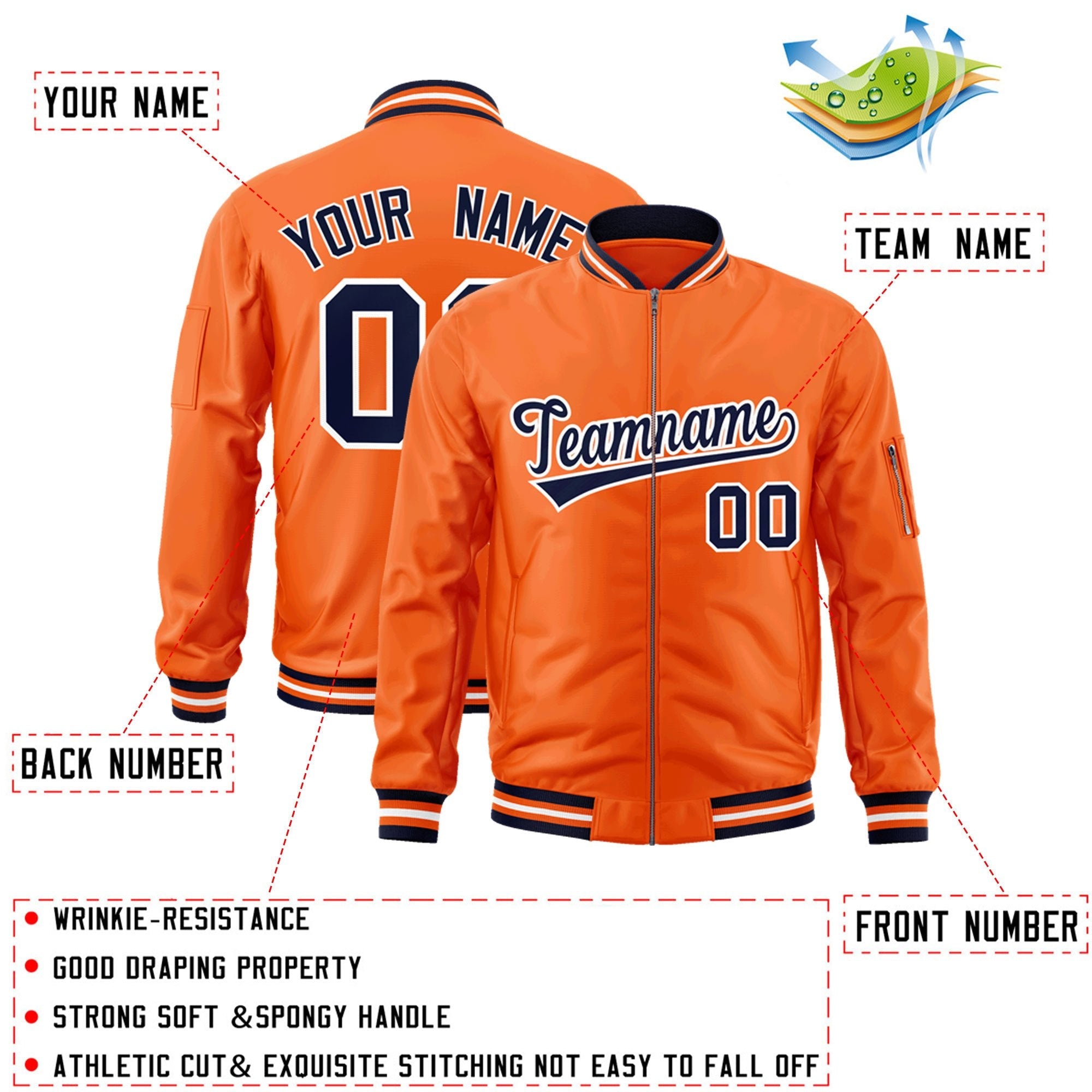 Custom Orange Navy-White Varsity Full-Zip Letterman Bomber Jacket