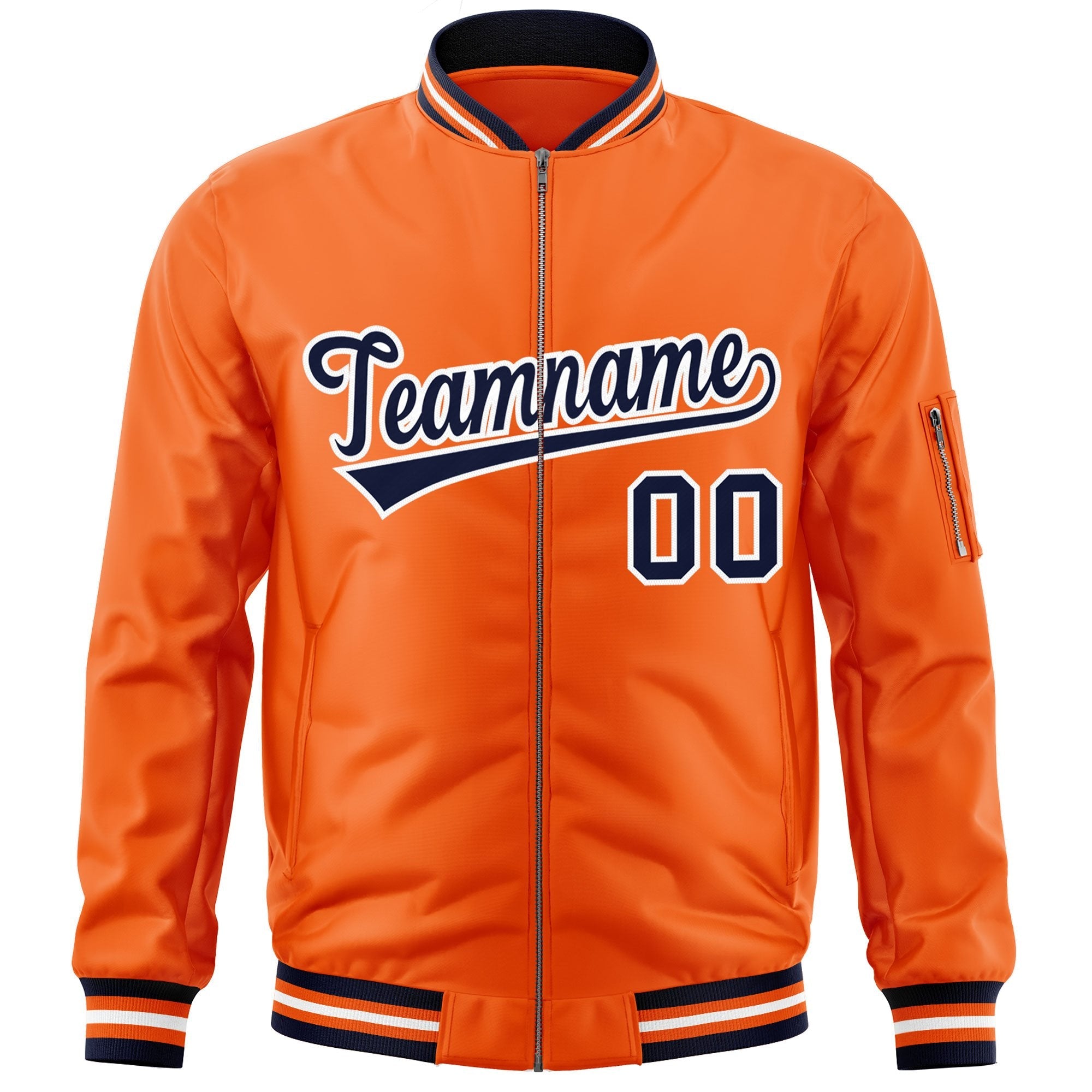 Custom Orange Navy-White Varsity Full-Zip Letterman Bomber Jacket