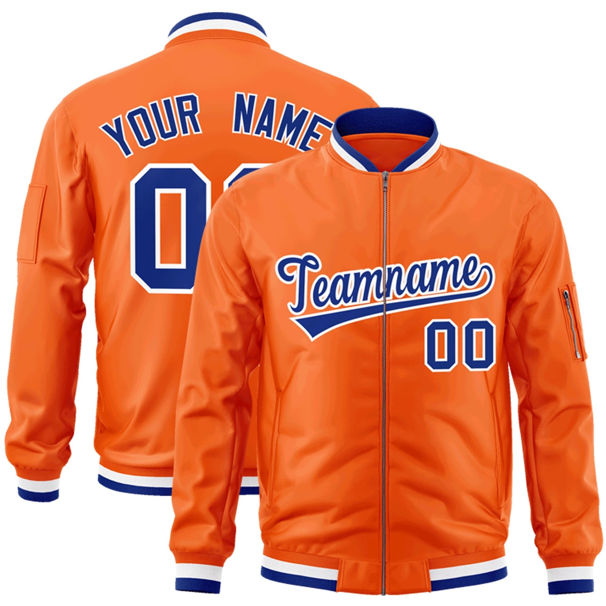 Custom Orange Royal-White Varsity Full-Zip Letterman Bomber Jacket