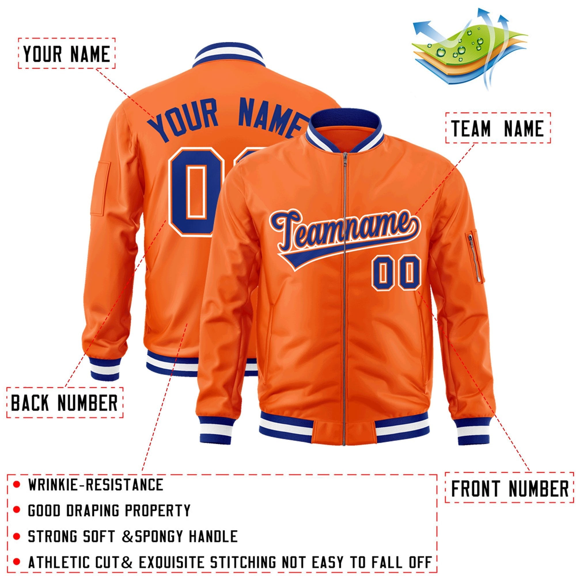 Custom Orange Royal-White Varsity Full-Zip Letterman Bomber Jacket