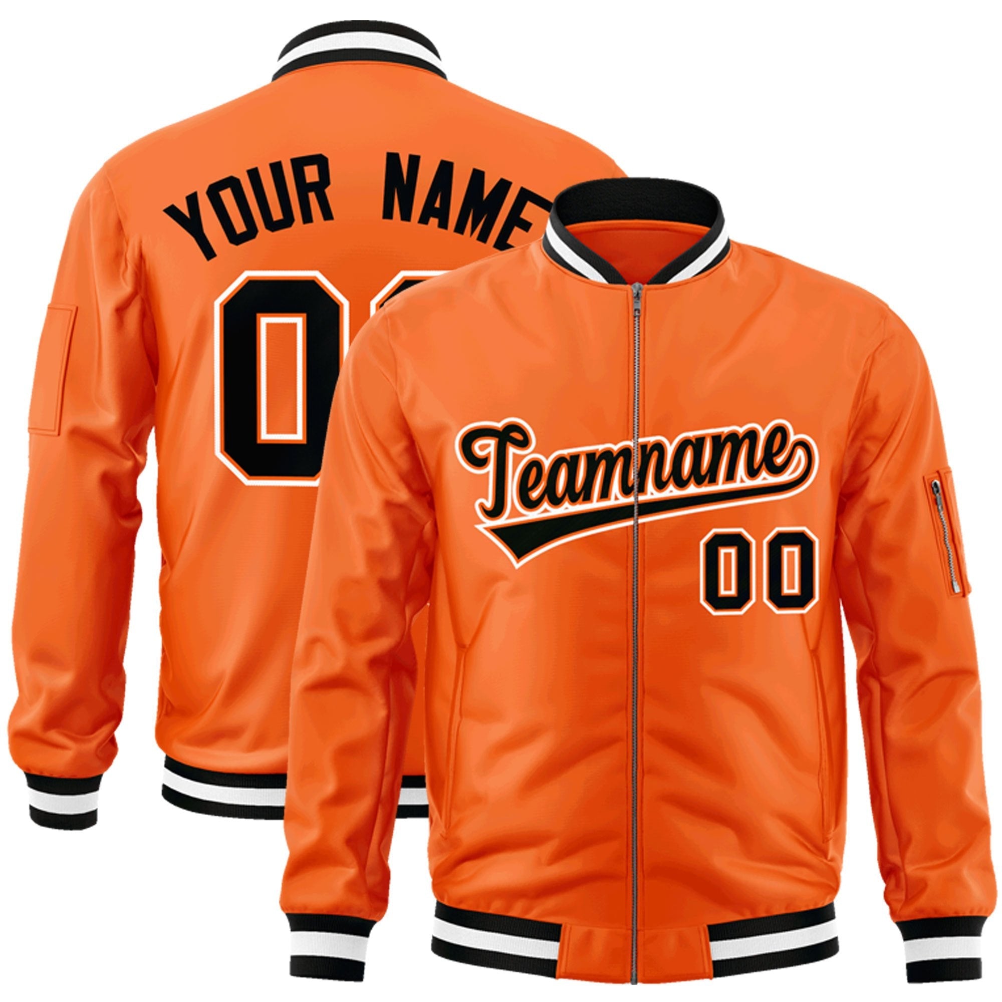 Custom Orange Black-White Varsity Full-Zip Letterman Bomber Jacket