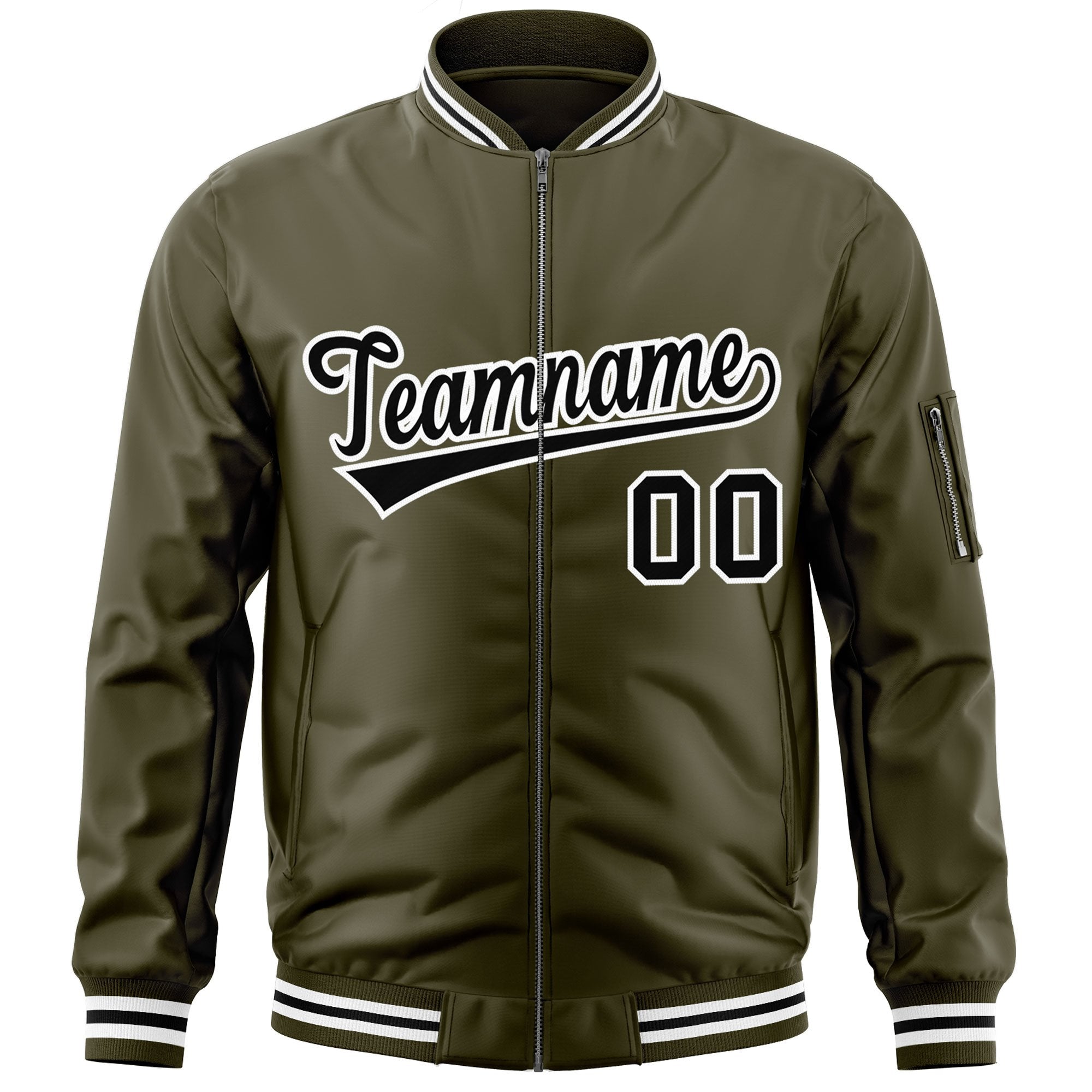 Custom Olive Black-White Varsity Full-Zip Letterman Bomber Jacket