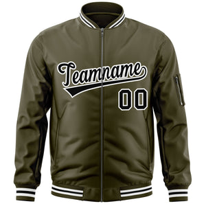 Custom Olive Black-White Varsity Full-Zip Letterman Bomber Jacket