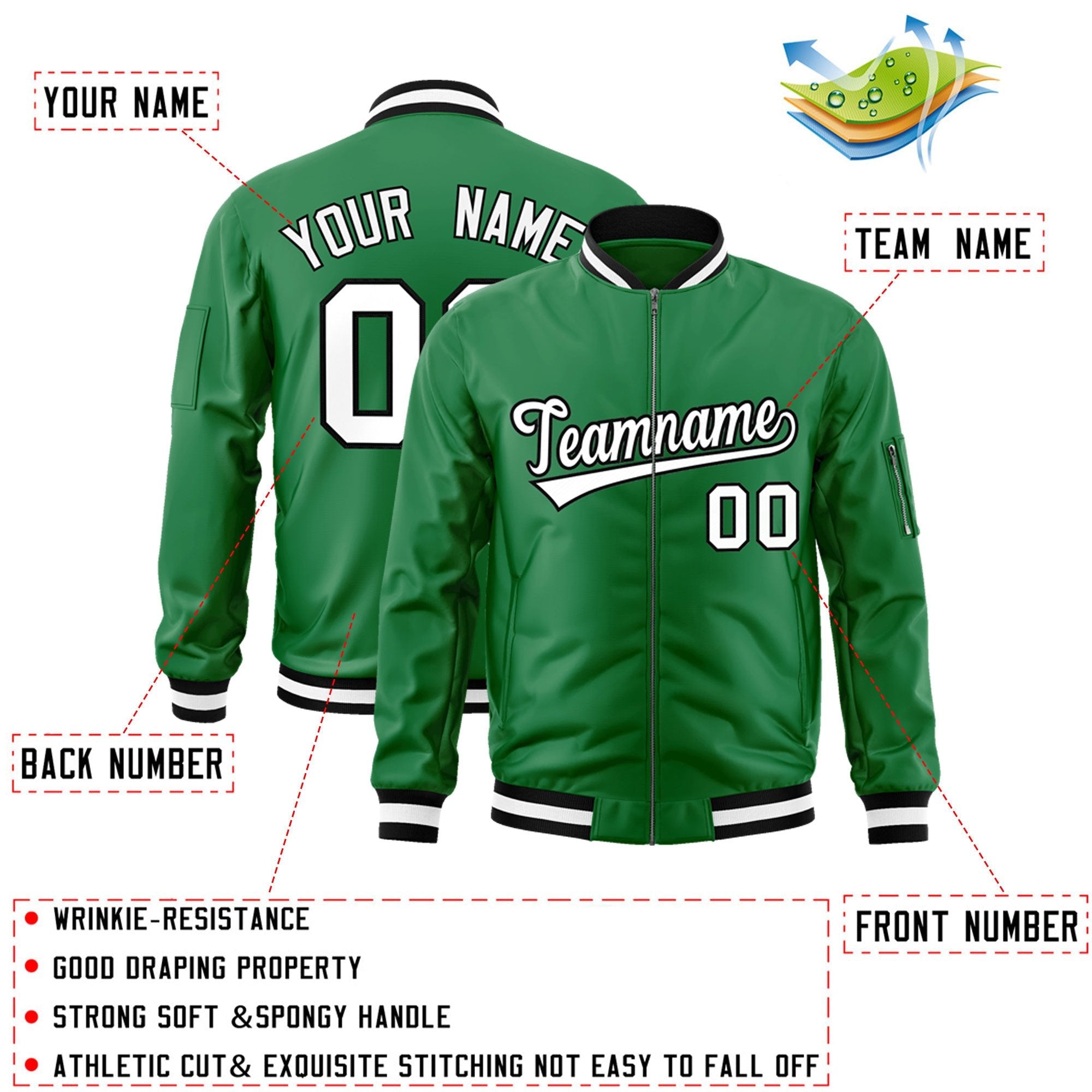 Custom Kelly Green White-Black Varsity Full-Zip Letterman Bomber Jacket