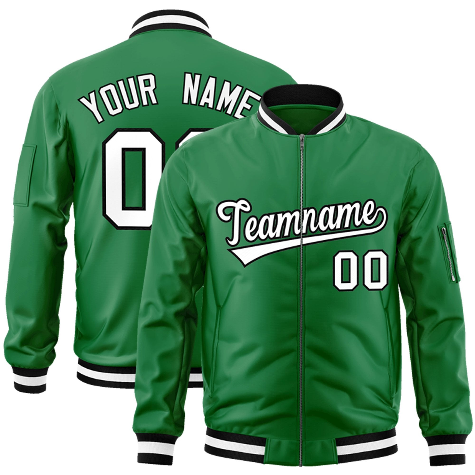 Custom Kelly Green White-Black Varsity Full-Zip Letterman Bomber Jacket