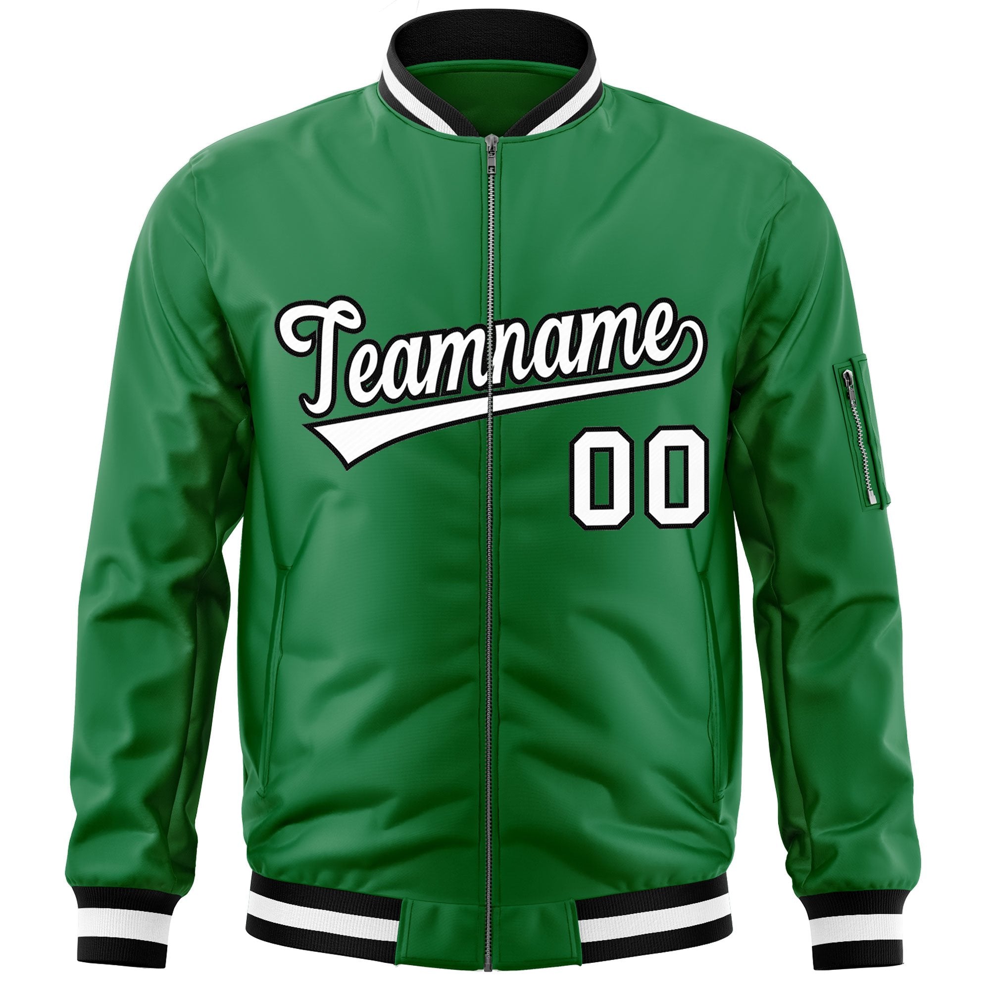 Custom Kelly Green White-Black Varsity Full-Zip Letterman Bomber Jacket