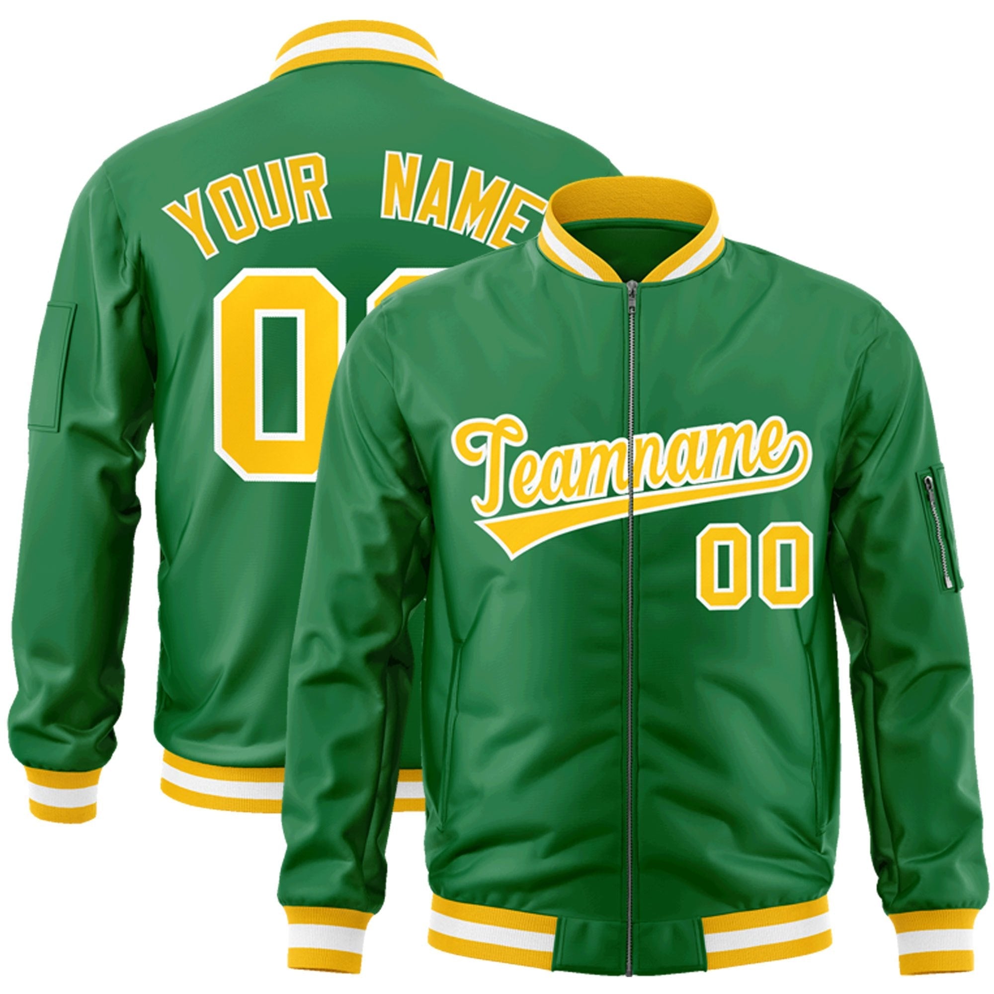 Custom Kelly Green Gold-White Varsity Full-Zip Letterman Bomber Jacket