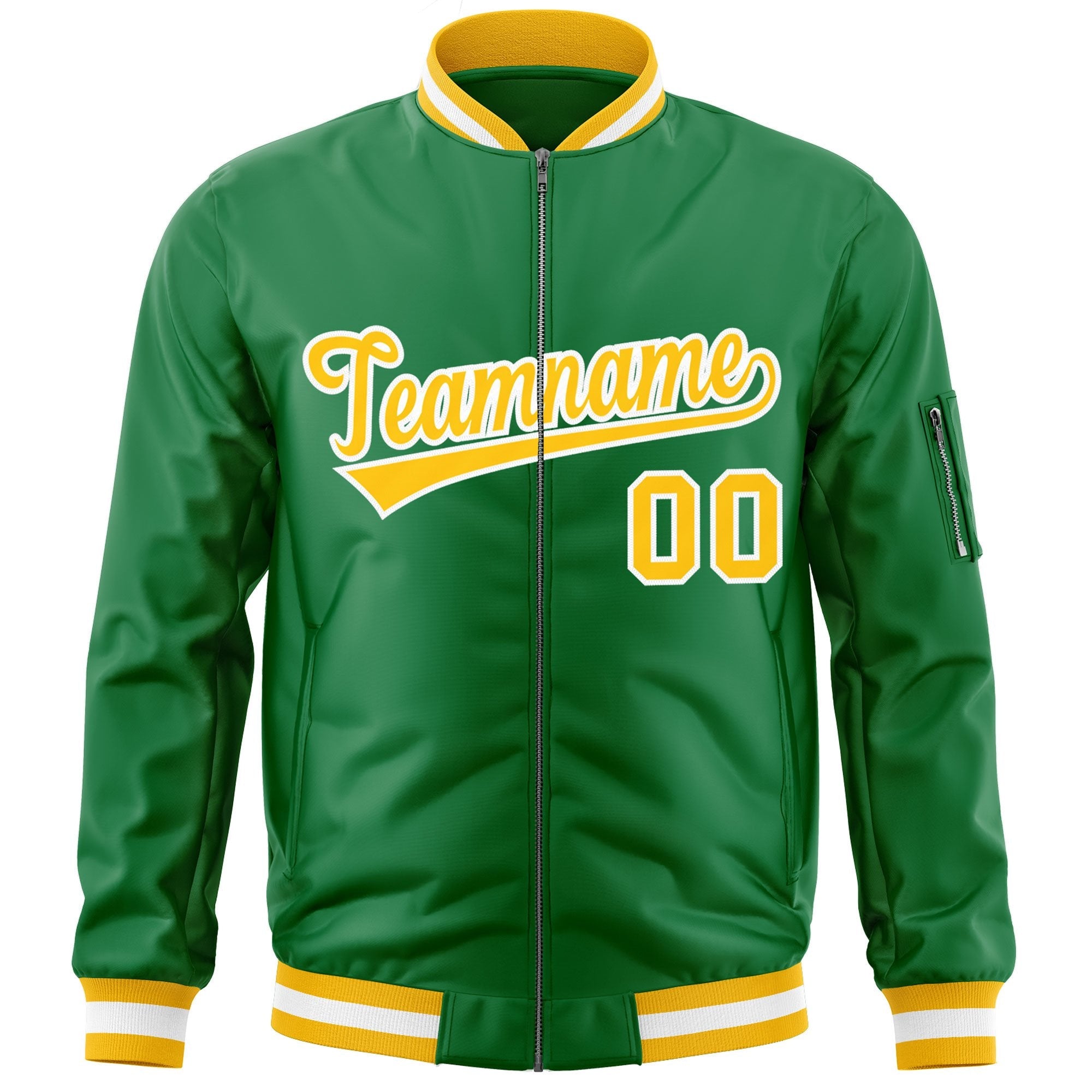 Custom Kelly Green Gold-White Varsity Full-Zip Letterman Bomber Jacket