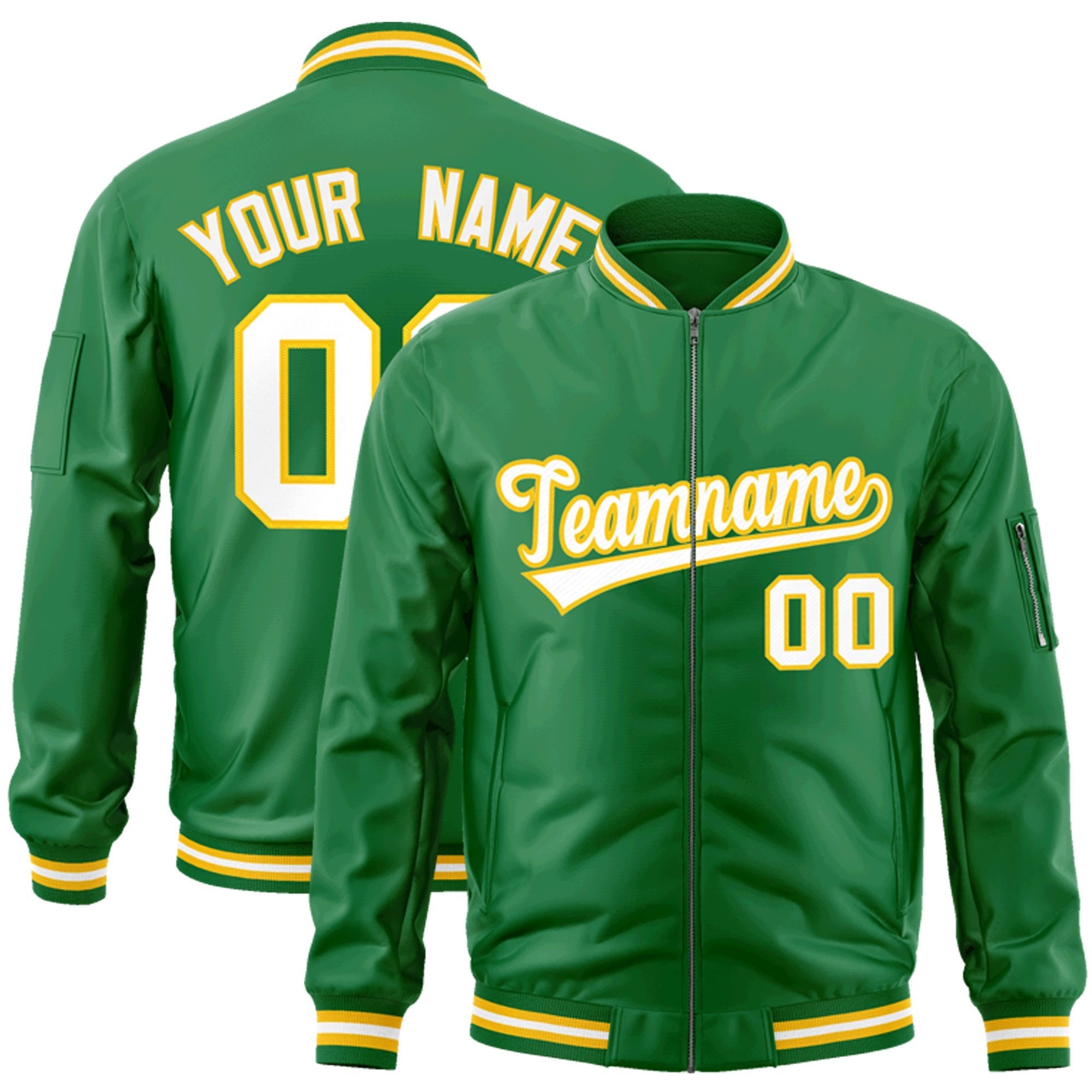 Custom Kelly Green White-Gold Varsity Full-Zip Letterman Bomber Jacket