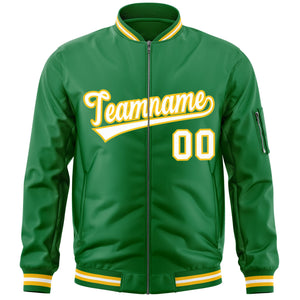 Custom Kelly Green White-Gold Varsity Full-Zip Letterman Bomber Jacket