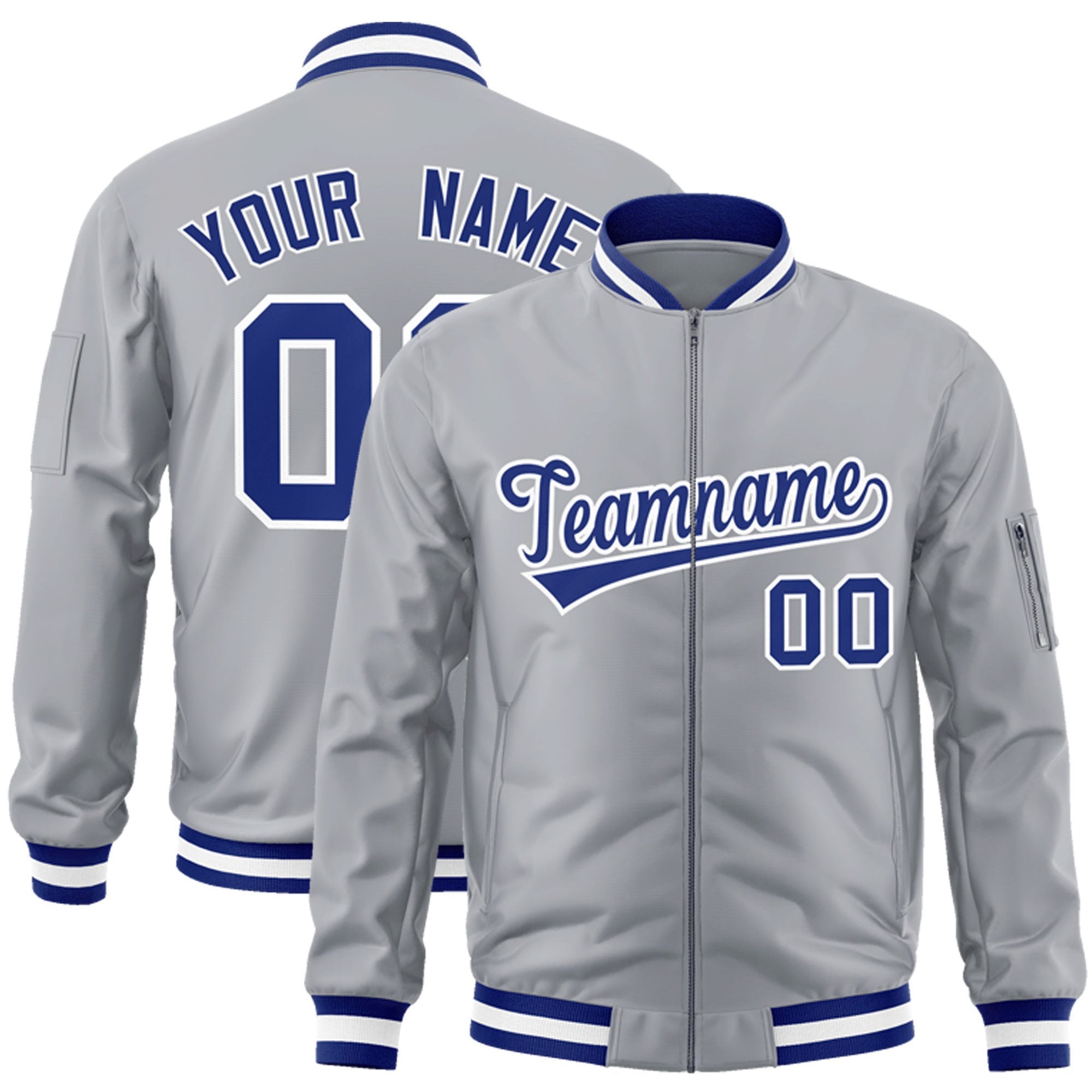 Custom Gray Royal-White Varsity Full-Zip Letterman Bomber Jacket