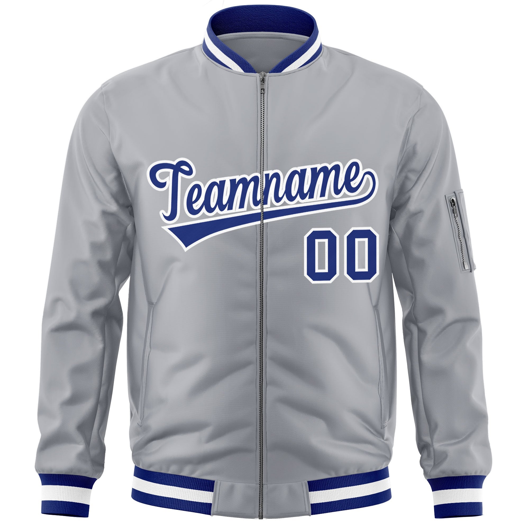 Custom Gray Royal-White Varsity Full-Zip Letterman Bomber Jacket