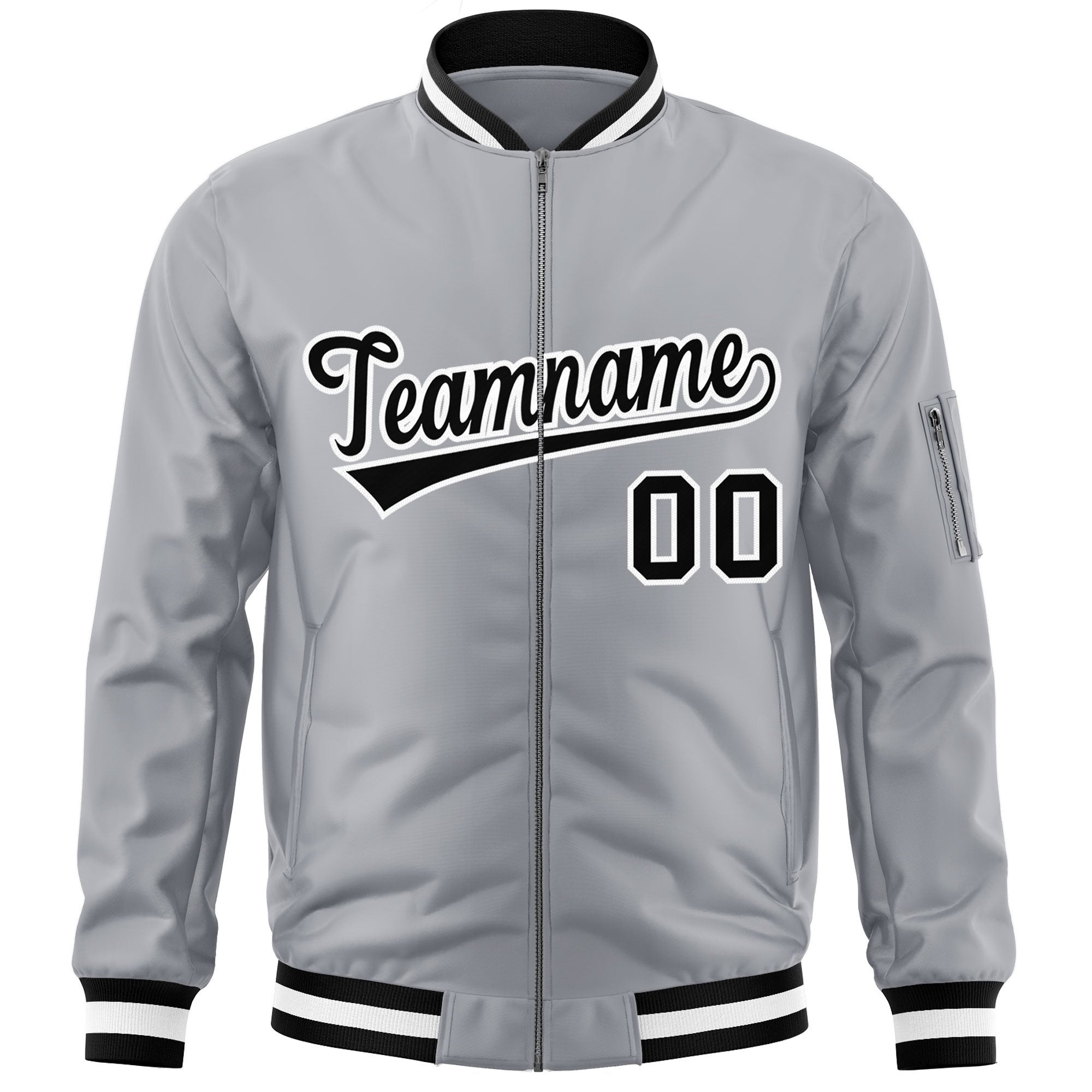 Custom Gray Black-White Varsity Full-Zip Letterman Bomber Jacket