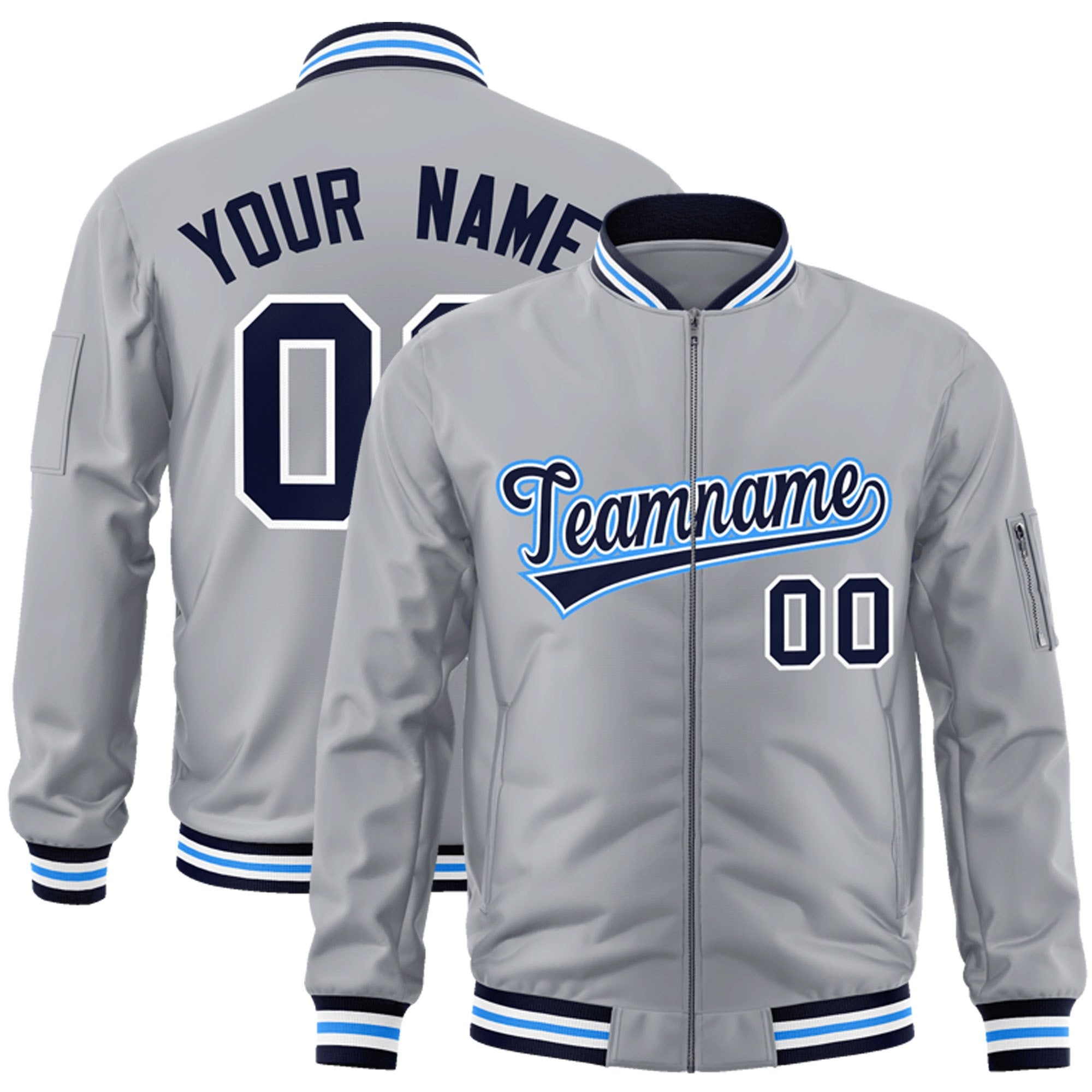 Custom Gray Navy-Powder Blue Varsity Full-Zip Letterman Bomber Jacket