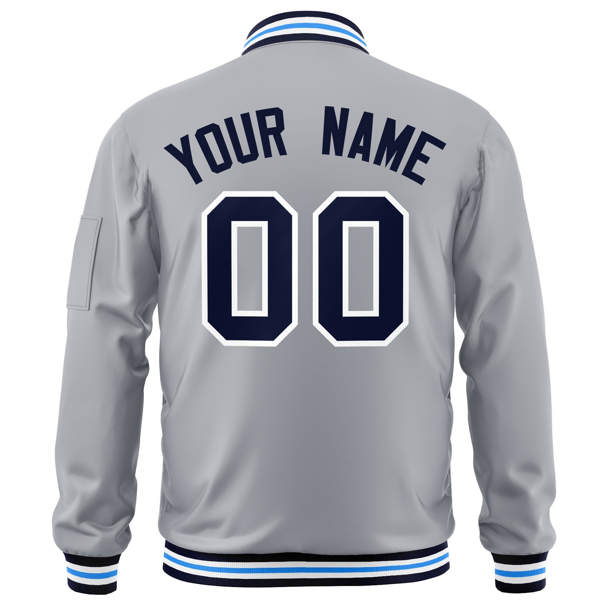 Custom Gray Navy-Powder Blue Varsity Full-Zip Letterman Bomber Jacket