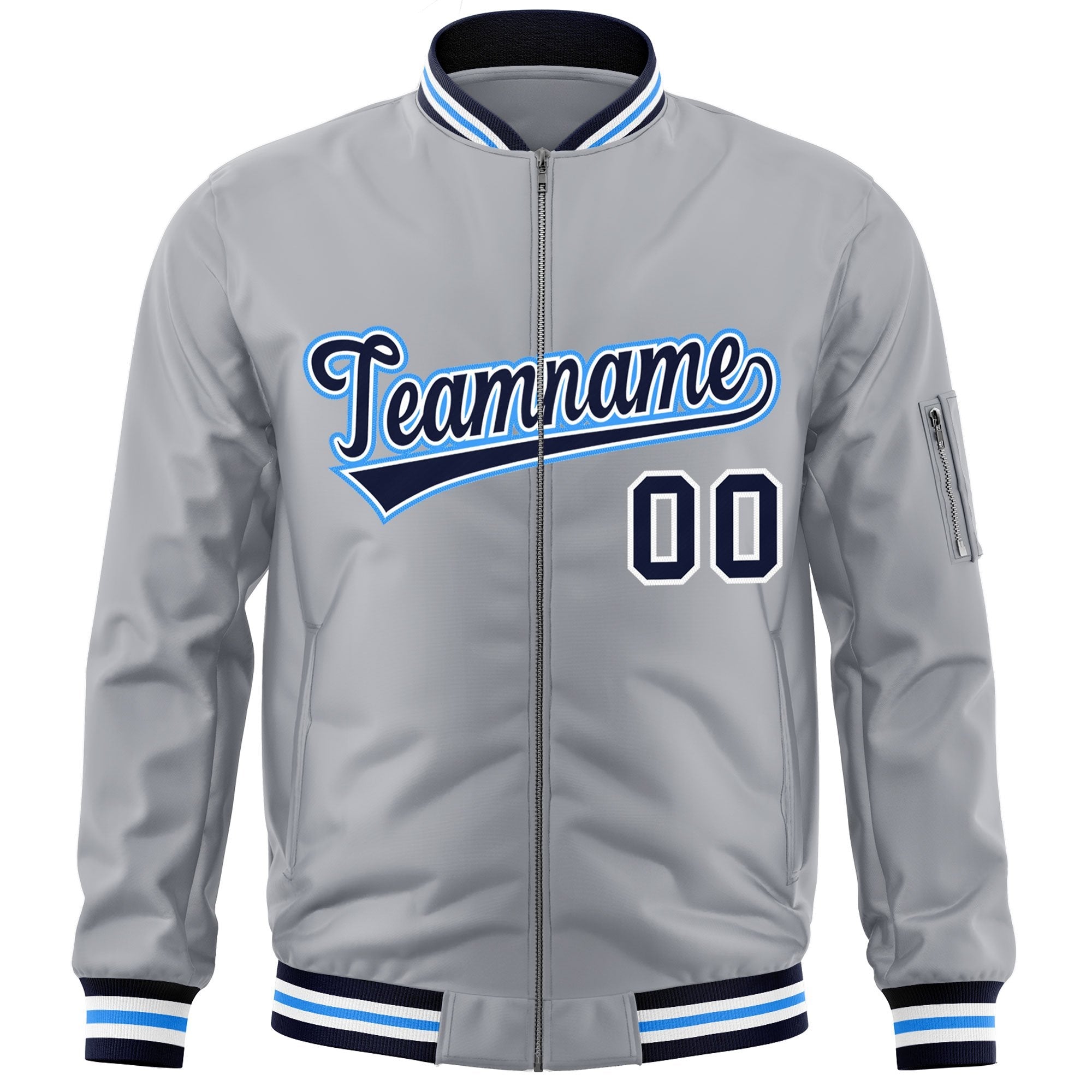 Custom Gray Navy-Powder Blue Varsity Full-Zip Letterman Bomber Jacket