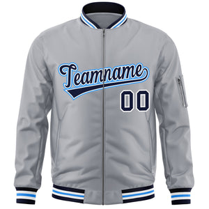 Custom Gray Navy-Powder Blue Varsity Full-Zip Letterman Bomber Jacket