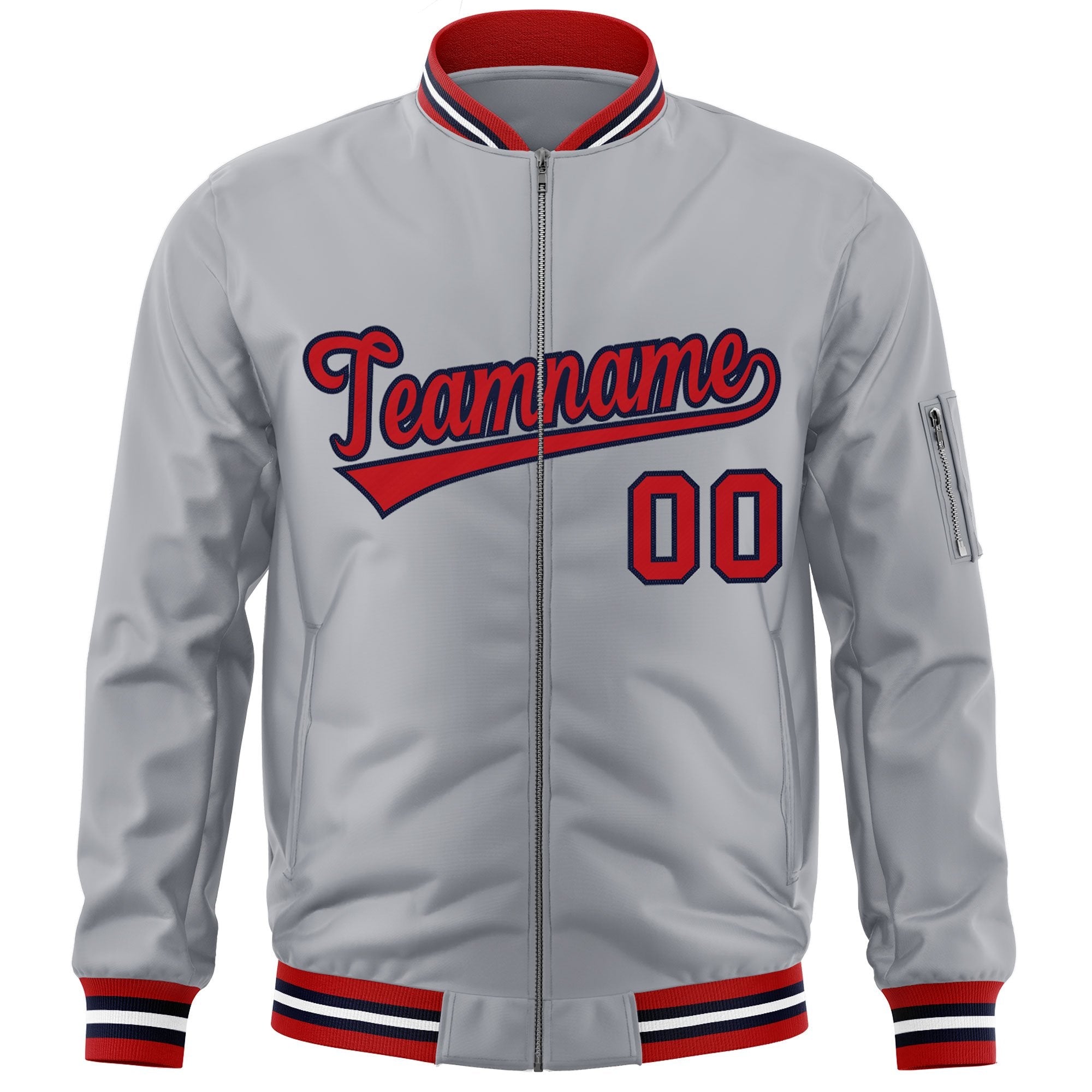 Custom Gray Red-Navy Varsity Full-Zip Letterman Bomber Jacket