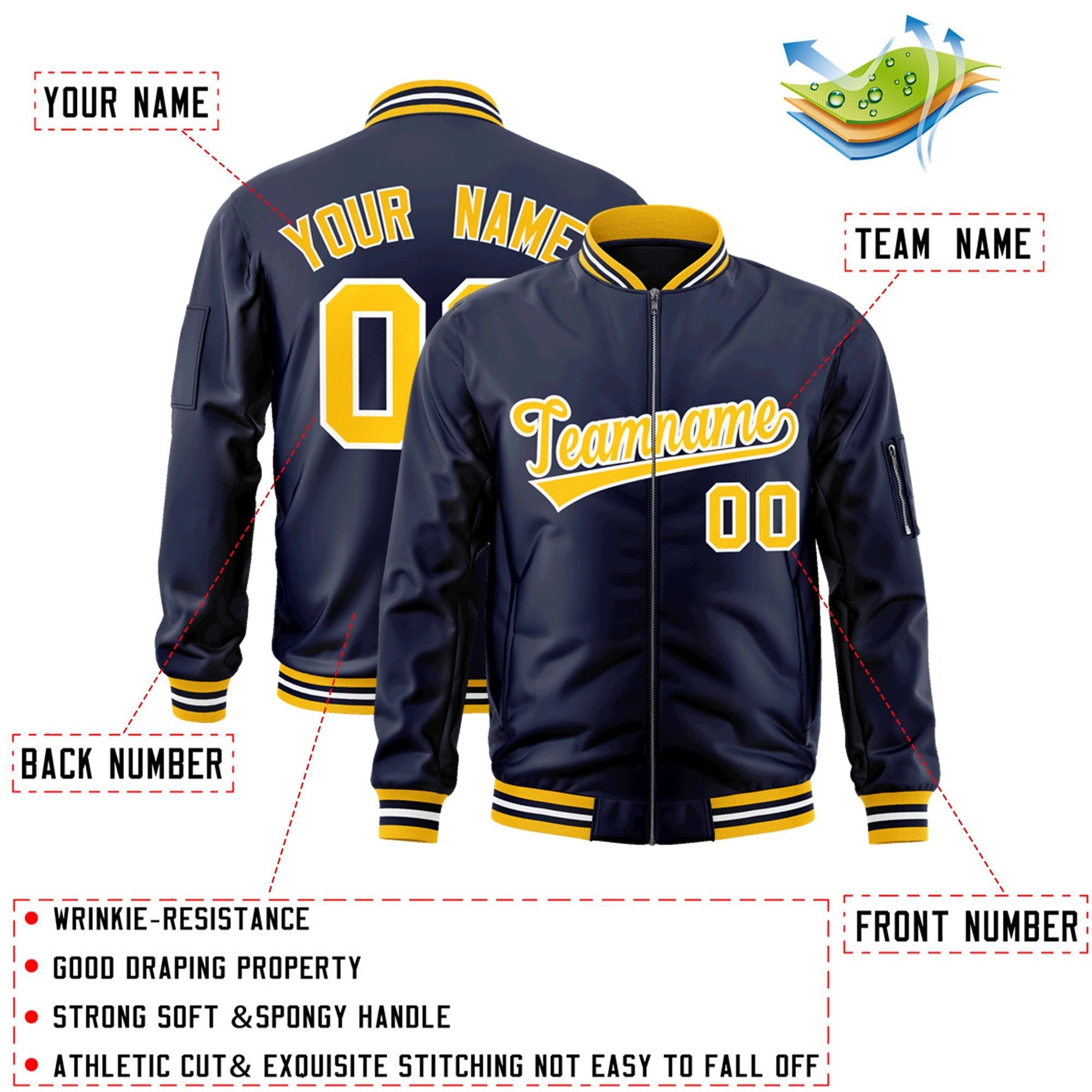 Custom Navy Gold-White Varsity Full-Zip Letterman Bomber Jacket