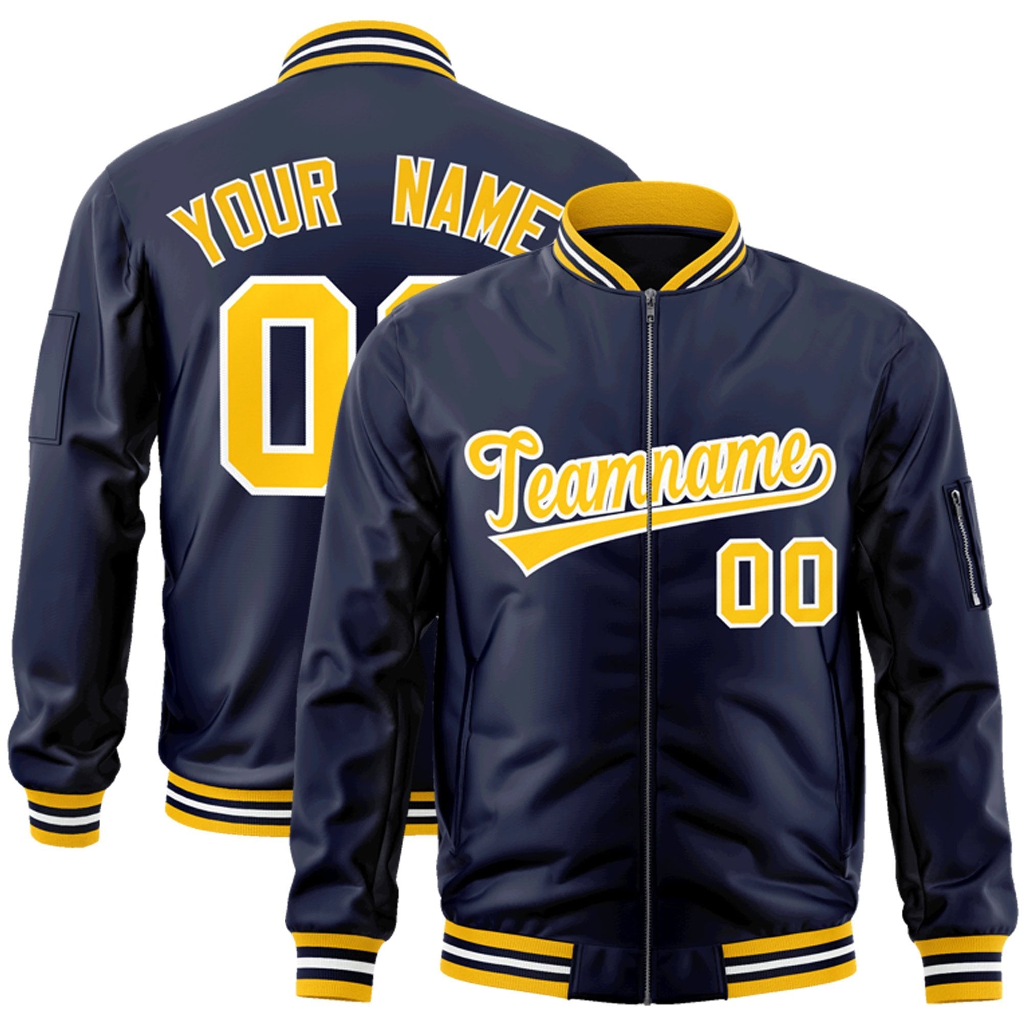 Custom Navy Gold-White Varsity Full-Zip Letterman Bomber Jacket