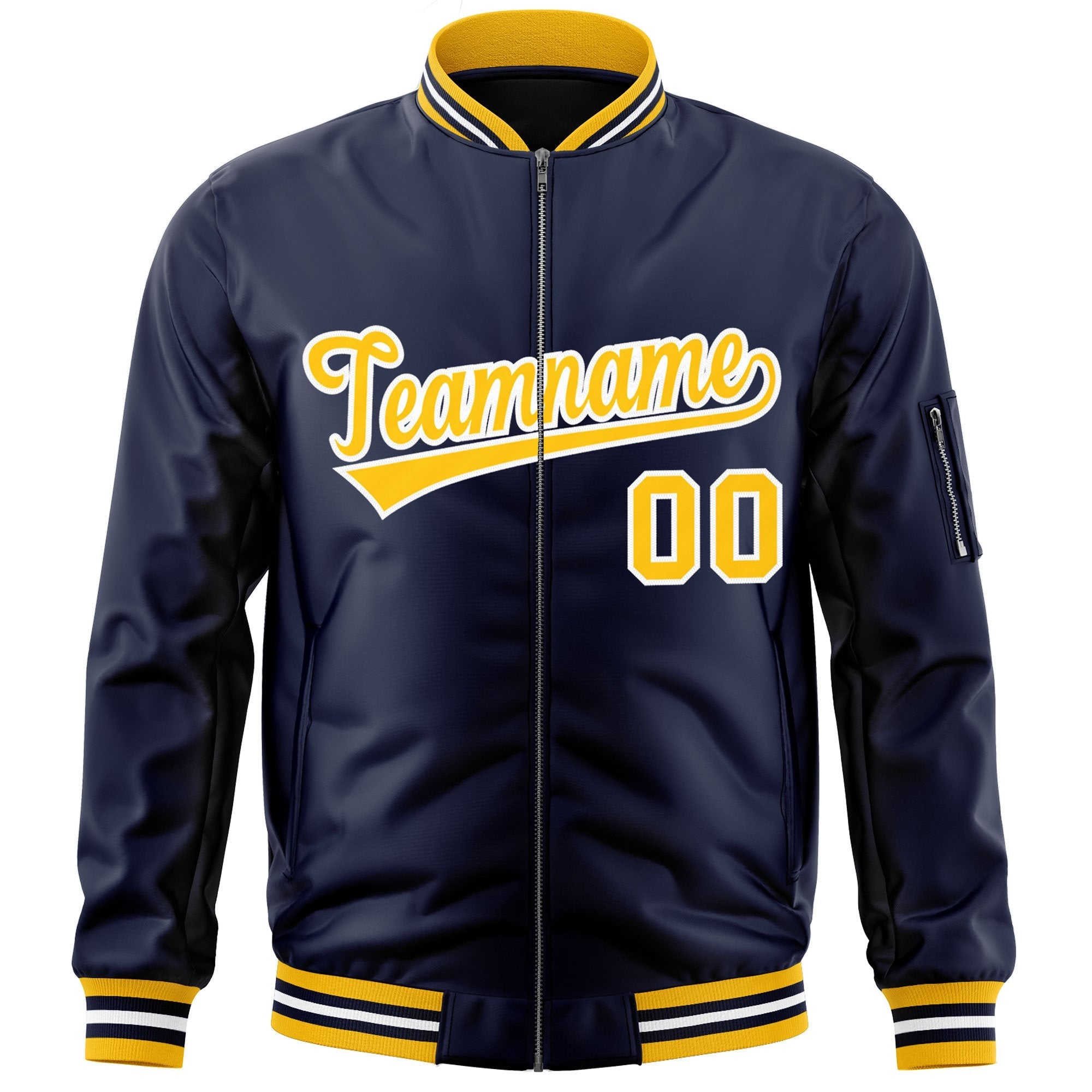 Custom Navy Gold-White Varsity Full-Zip Letterman Bomber Jacket