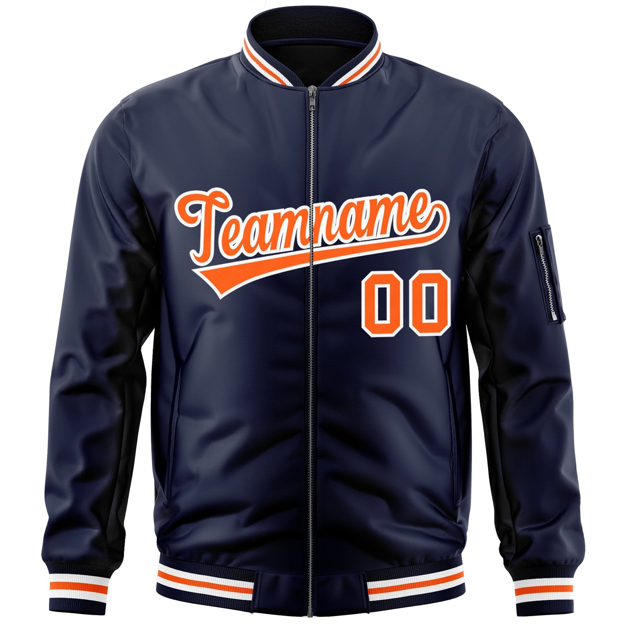 Custom Navy Orange-White Varsity Full-Zip Letterman Bomber Jacket