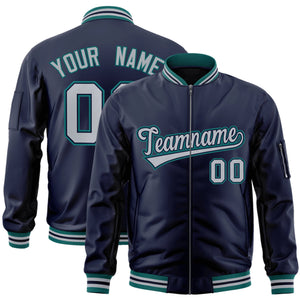 Custom Navy Gray-Aqua Varsity Full-Zip Letterman Bomber Jacket