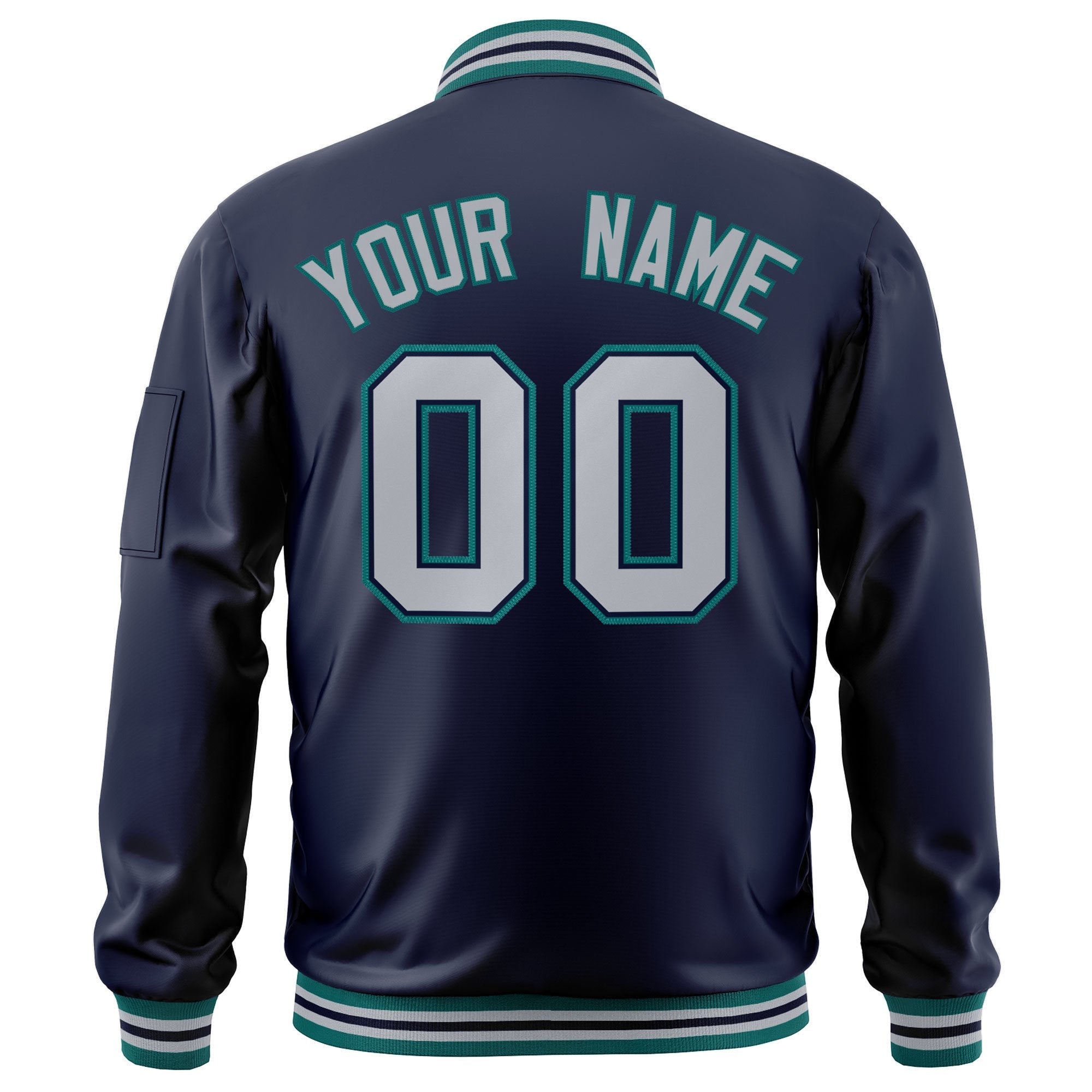 Custom Navy Gray-Aqua Varsity Full-Zip Letterman Bomber Jacket