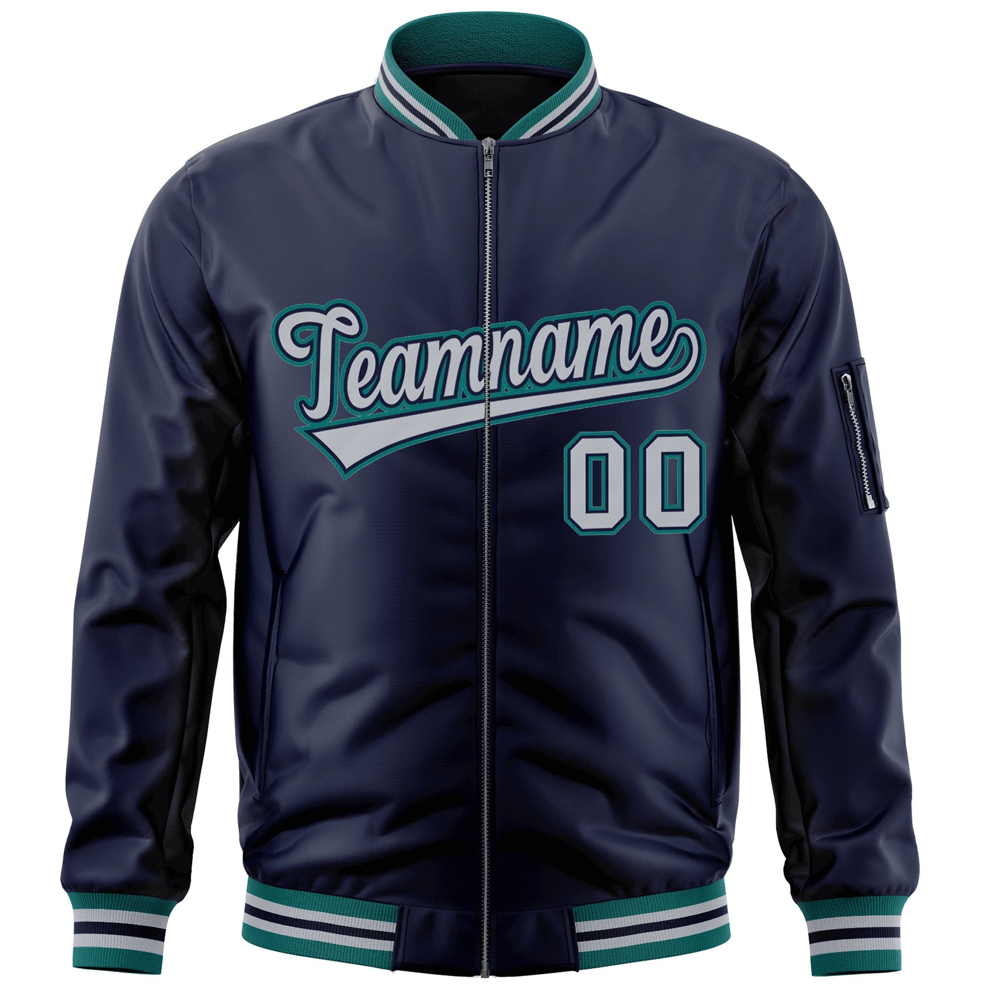 Custom Navy Gray-Aqua Varsity Full-Zip Letterman Bomber Jacket