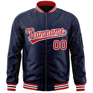 Custom Navy Red-White Varsity Full-Zip Letterman Bomber Jacket