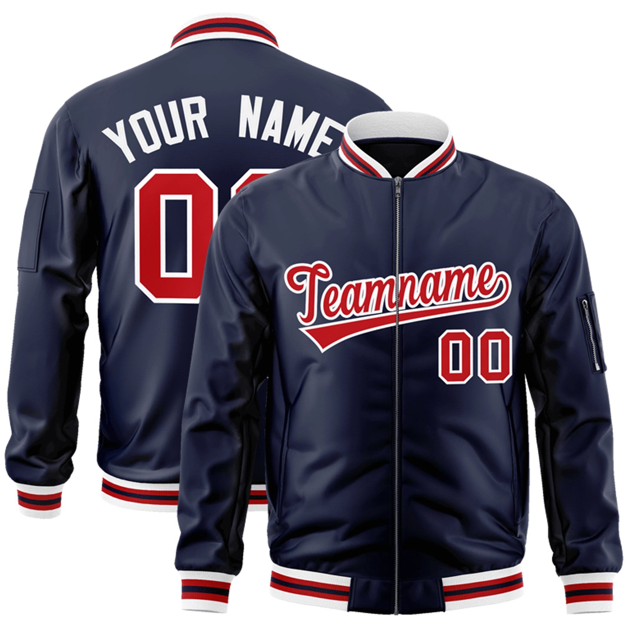 Custom Navy Red-White Varsity Full-Zip Letterman Bomber Jacket