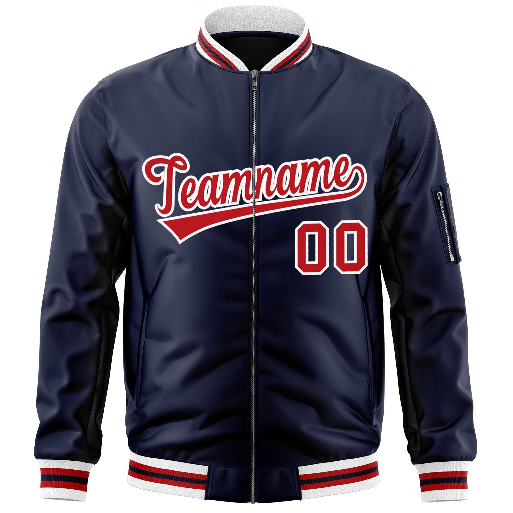 Custom Navy Red-White Varsity Full-Zip Letterman Bomber Jacket