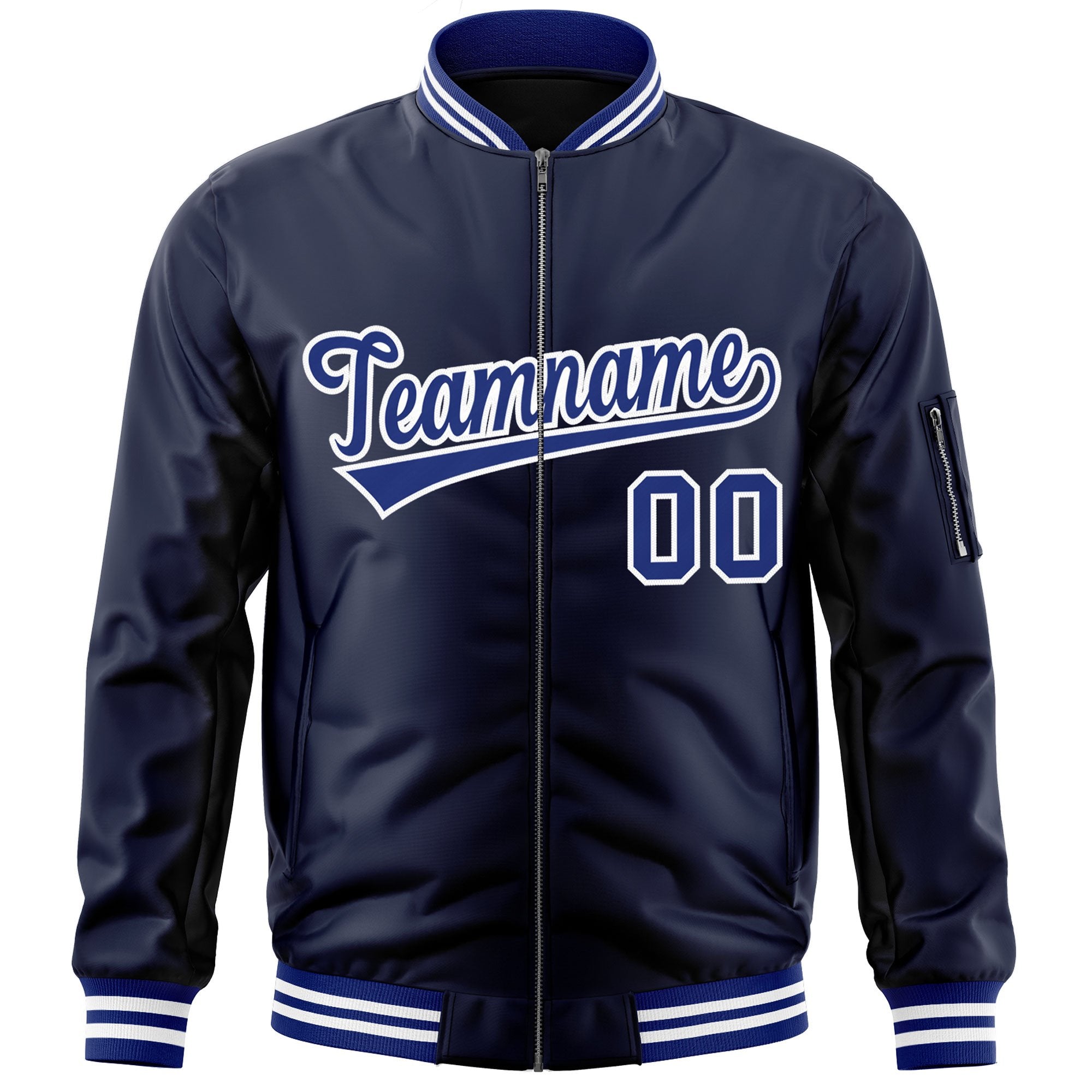 Custom Navy Royal-White Varsity Full-Zip Letterman Bomber Jacket