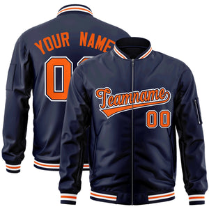 Custom Navy Orange-White Varsity Full-Zip Letterman Bomber Jacket