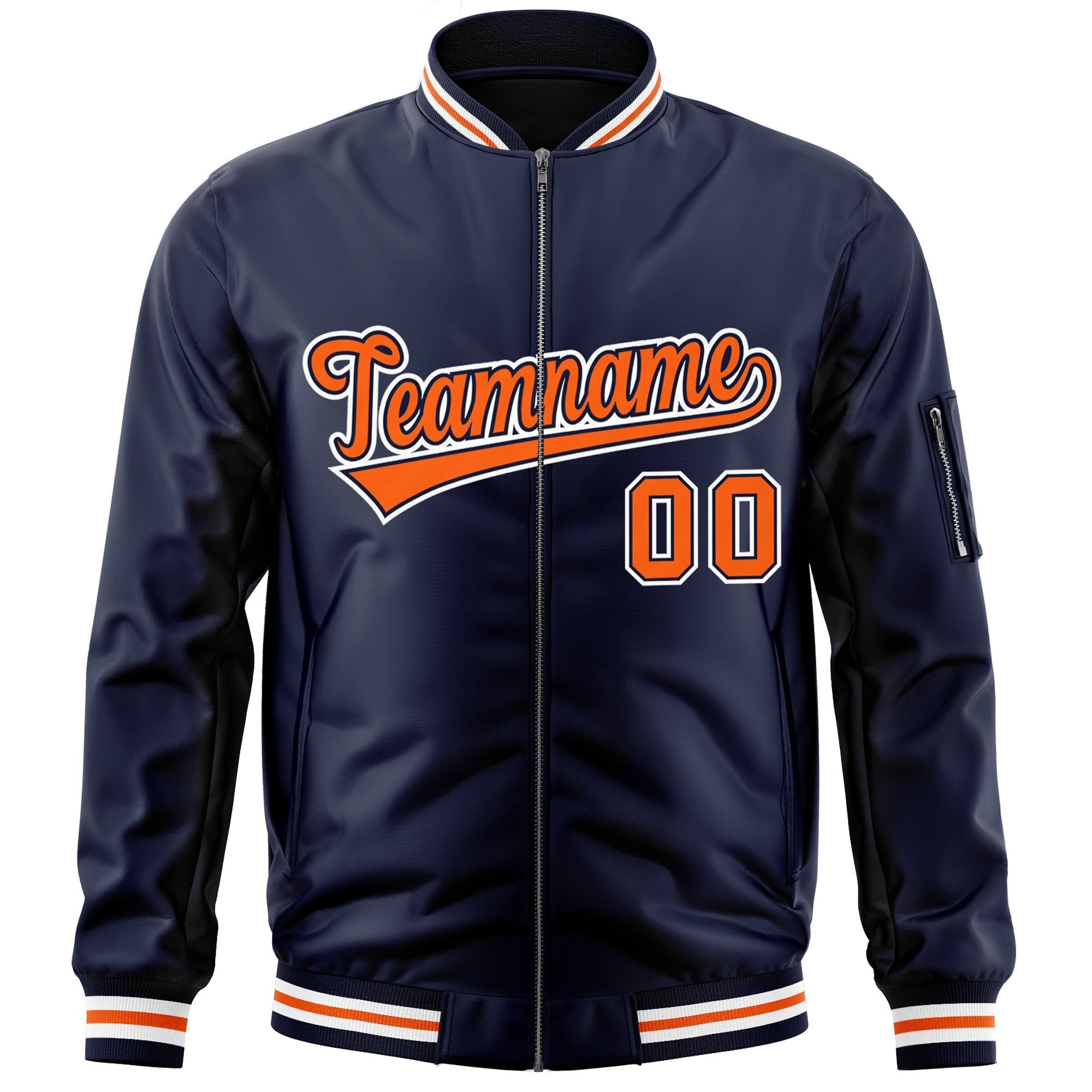 Custom Navy Orange-White Varsity Full-Zip Letterman Bomber Jacket