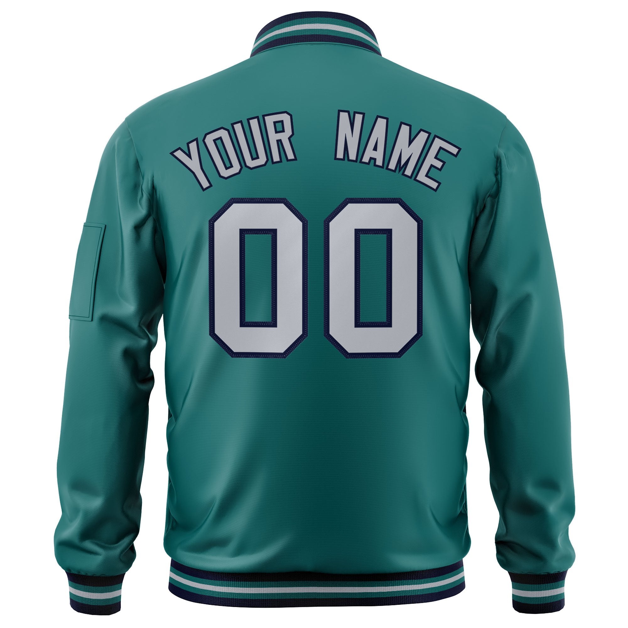 Custom Aqua Gray-Navy Varsity Full-Zip Letterman Bomber Jacket