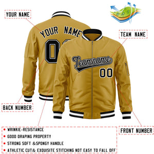 Custom Old Gold Black-White Varsity Full-Zip Letterman Bomber Jacket