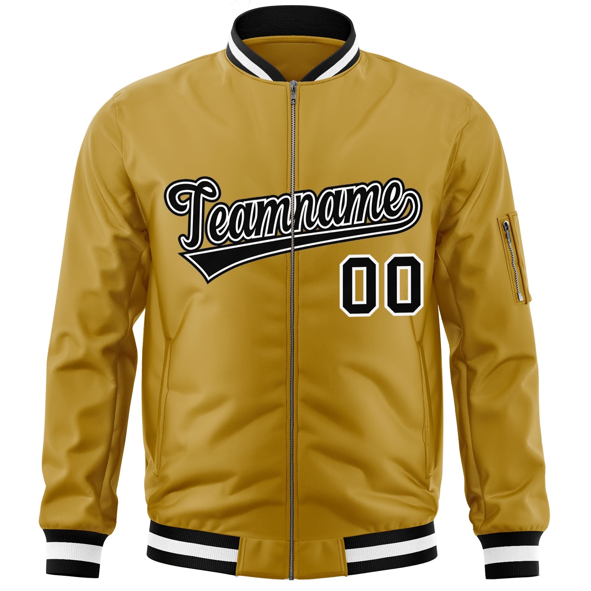 Custom Old Gold Black-White Varsity Full-Zip Letterman Bomber Jacket