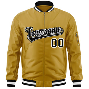 Custom Old Gold Black-White Varsity Full-Zip Letterman Bomber Jacket