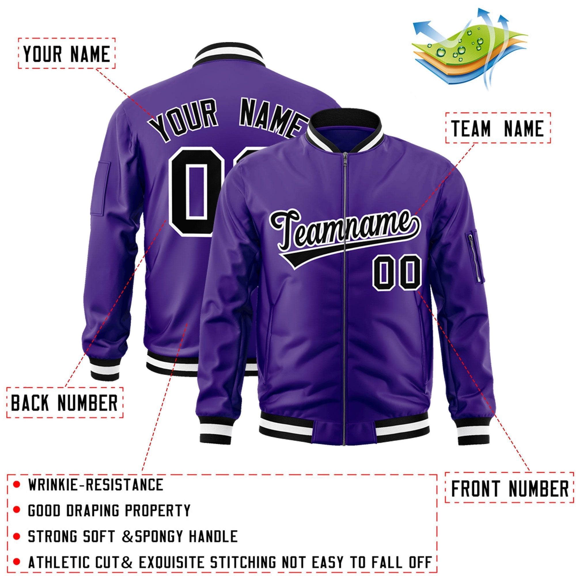 Custom Purple Black-White Varsity Full-Zip Letterman Bomber Jacket