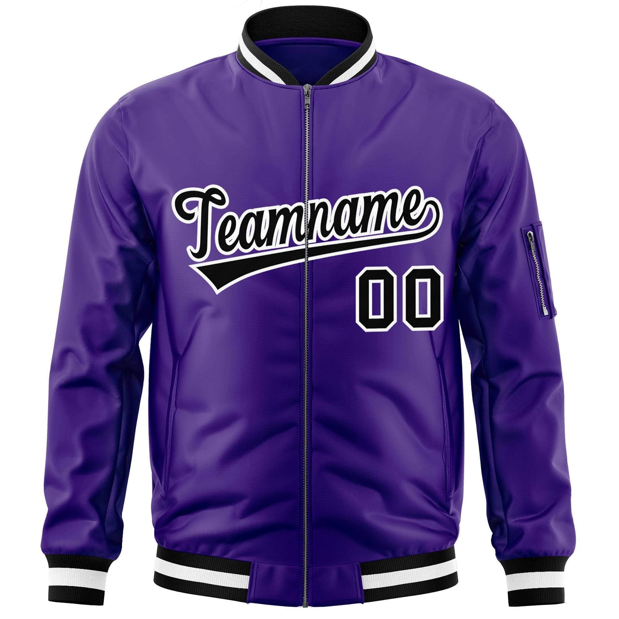 Custom Purple Black-White Varsity Full-Zip Letterman Bomber Jacket