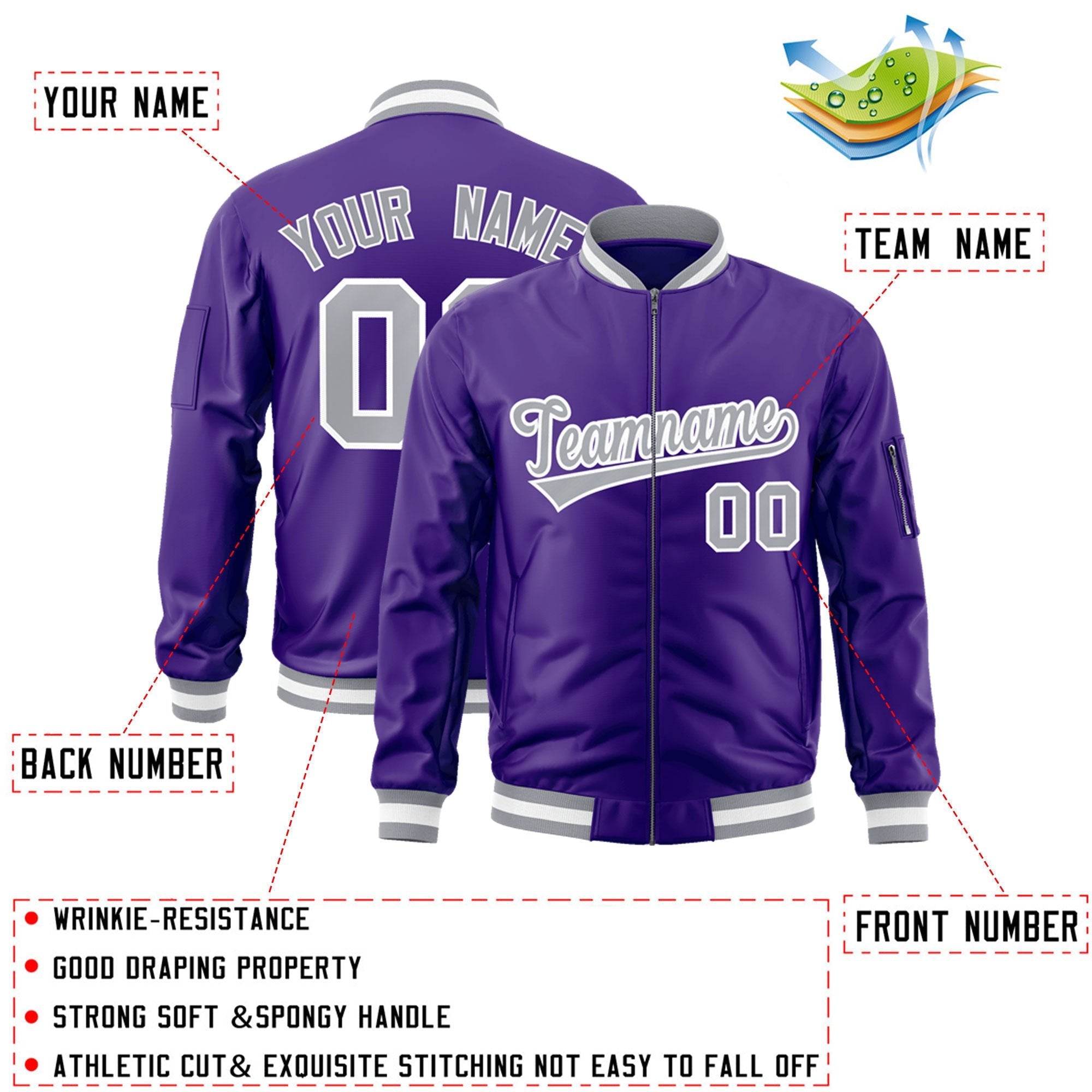 Custom Purple Gray-White Varsity Full-Zip Letterman Bomber Jacket