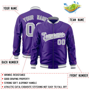 Custom Purple Gray-White Varsity Full-Zip Letterman Bomber Jacket