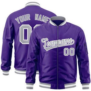 Custom Purple Gray-White Varsity Full-Zip Letterman Bomber Jacket