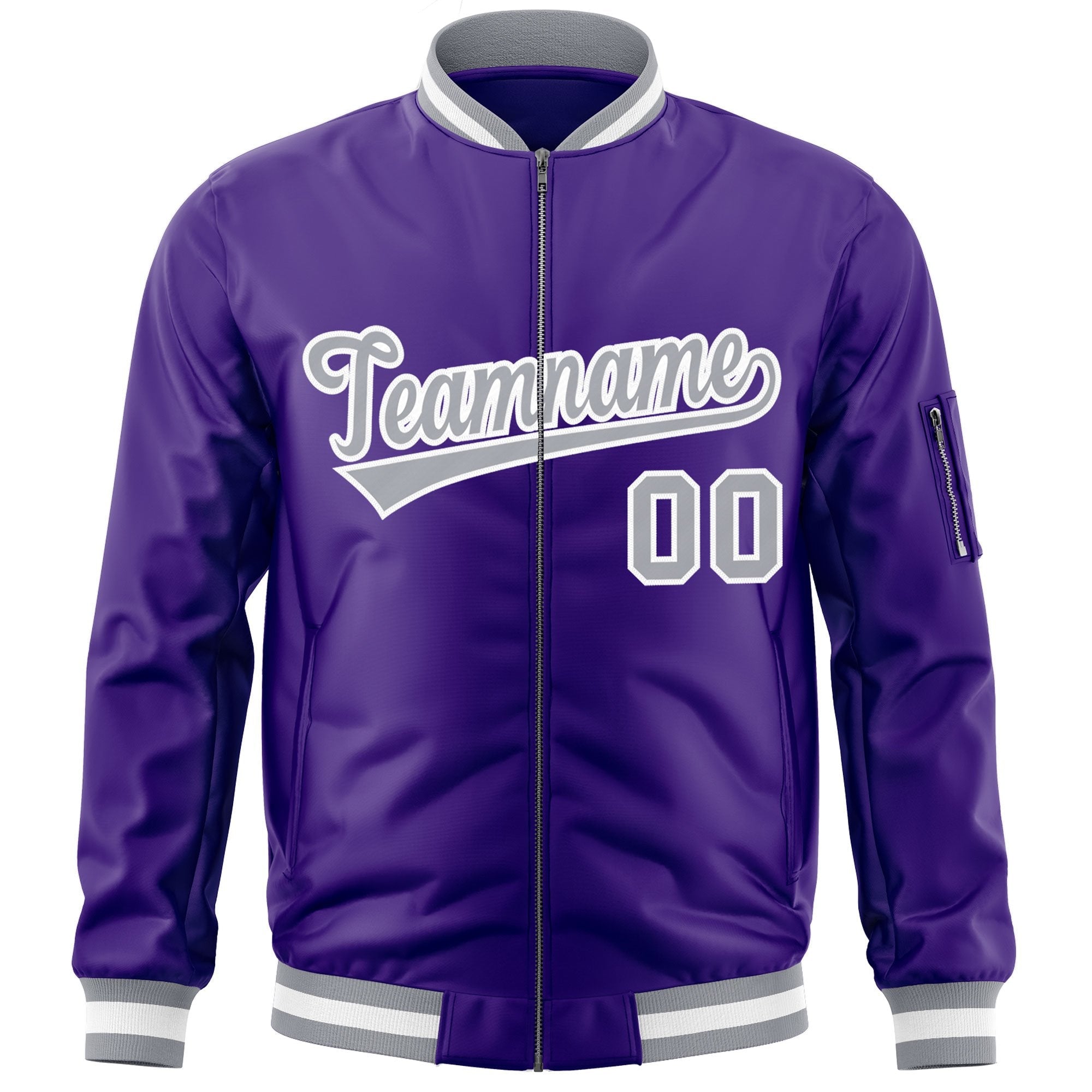 Custom Purple Gray-White Varsity Full-Zip Letterman Bomber Jacket