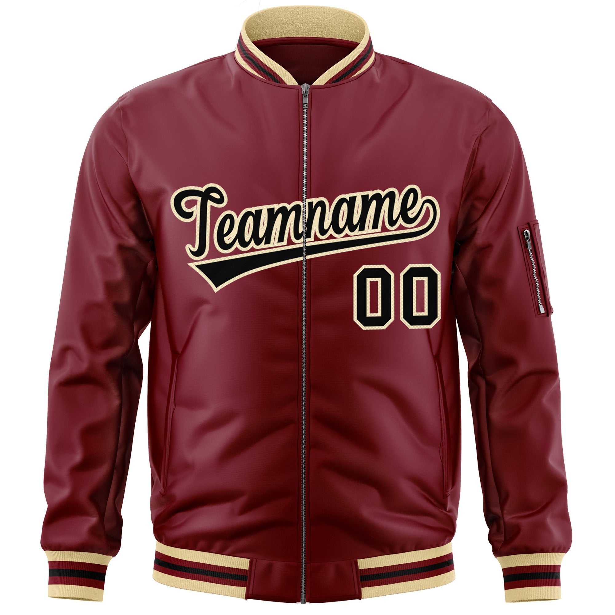 Custom Crimson Black-Khaki Varsity Full-Zip Letterman Bomber Jacket