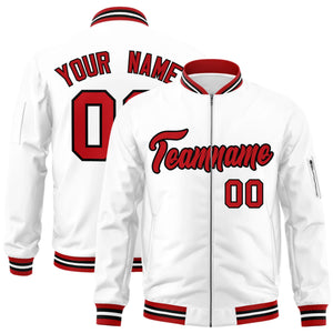 Custom White Red-Black Varsity Full-Zip Letterman Bomber Jacket