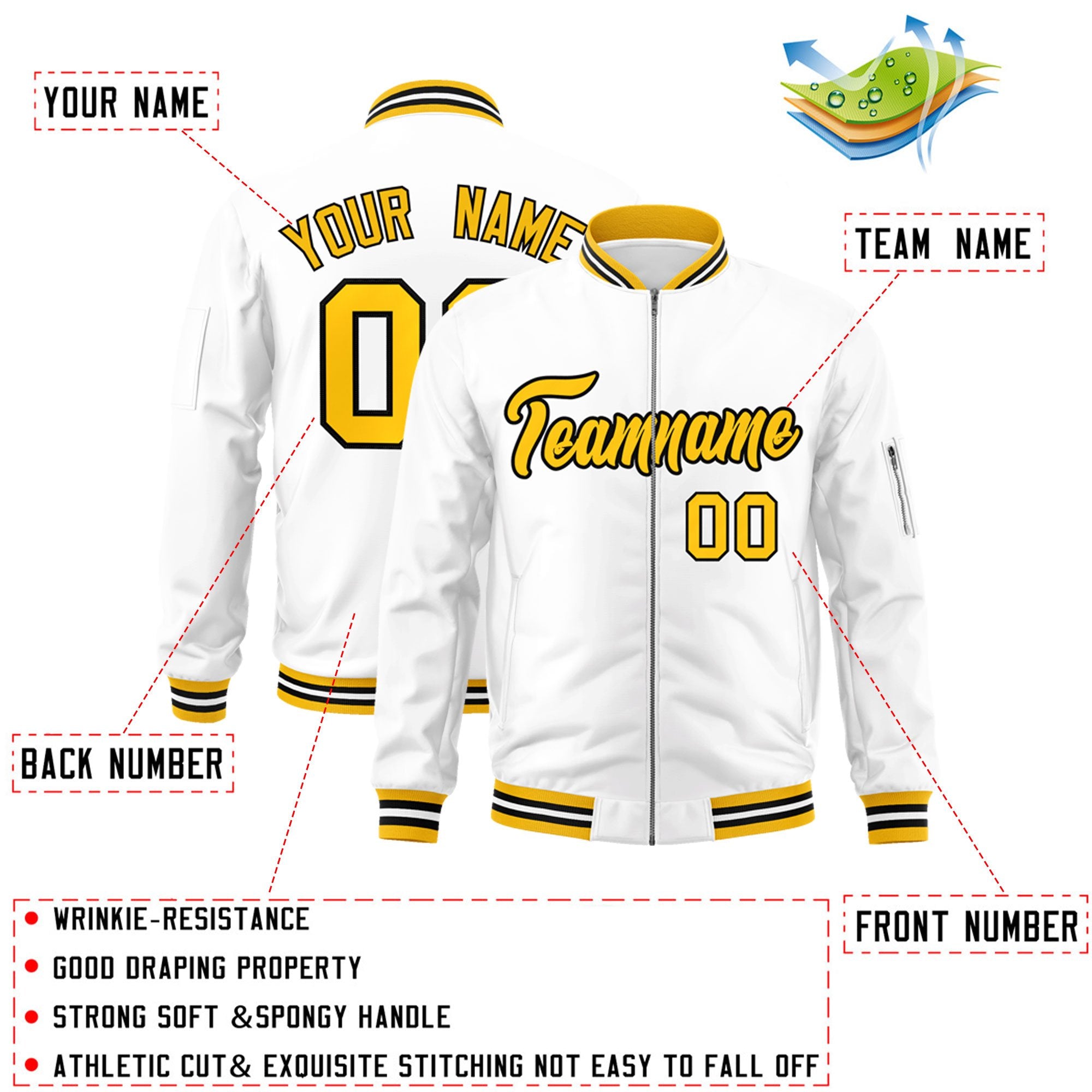 Custom White Yellow-Black Varsity Full-Zip Letterman Bomber Jacket