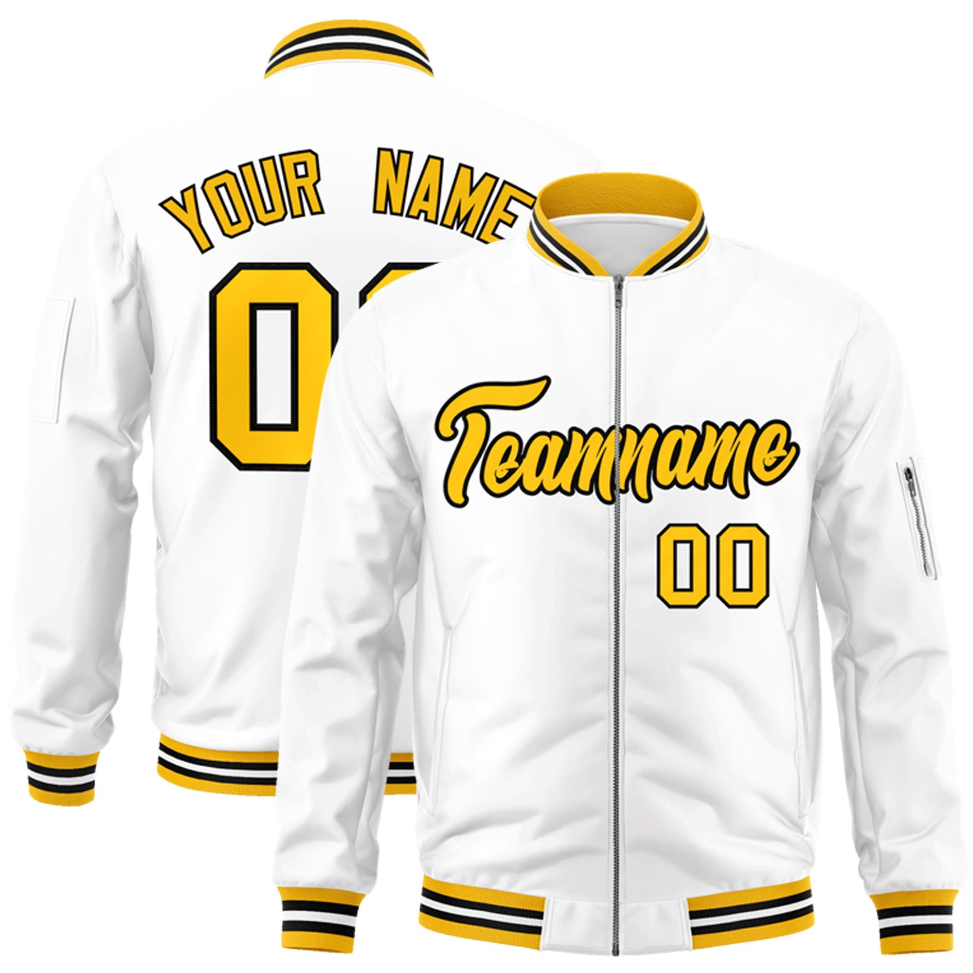 Custom White Yellow-Black Varsity Full-Zip Letterman Bomber Jacket