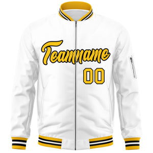 Custom White Yellow-Black Varsity Full-Zip Letterman Bomber Jacket